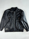 Vintage 90s Black Leather Bomber Jacket – Embroidered Logo Patch, Zip Chest Pockets (XL)
