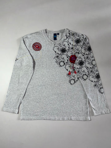 Nippon Blue Grey Long Sleeve Tee – Baroque Print with Embroidered Rose (L)