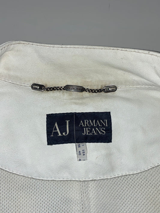 Vintage Armani Jeans White Perforated Leather Café Racer Biker Jacket (L)