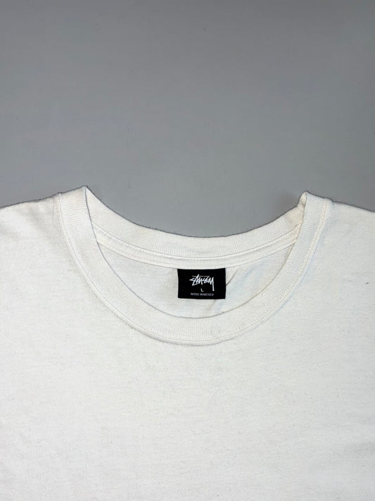 Stussy Pink Script Logo Line of People Figures Outline Graphic White Cotton T-Shirt (XL)