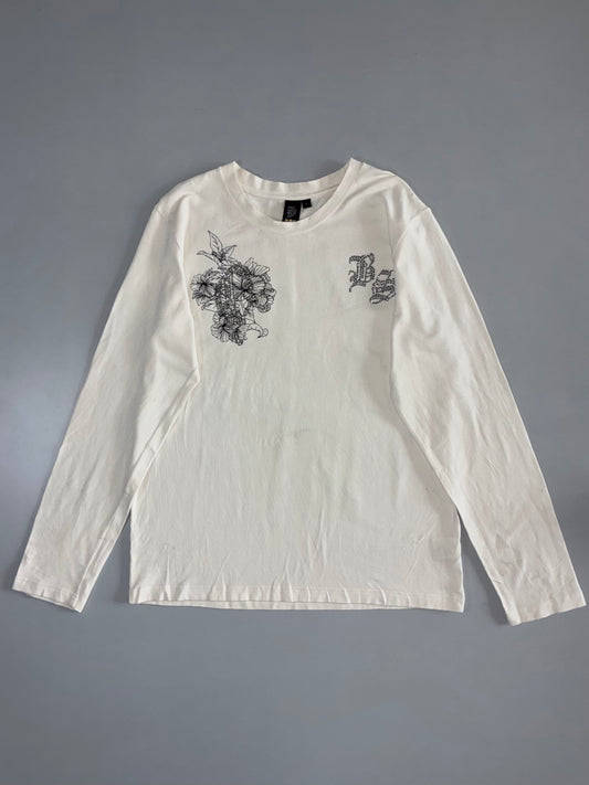 Oniarai Original  Rhinestone Floral & Dragon Graphic Long Sleeve Tee – White (M)