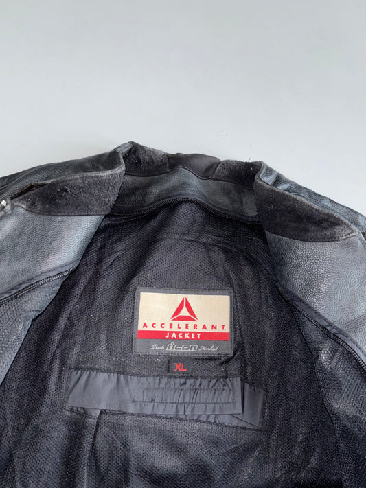 ICON “Accelerant” Black Pure Leather Moto Jacket with Back Hump Armor, Mesh Lining (Paded)(L/XL)