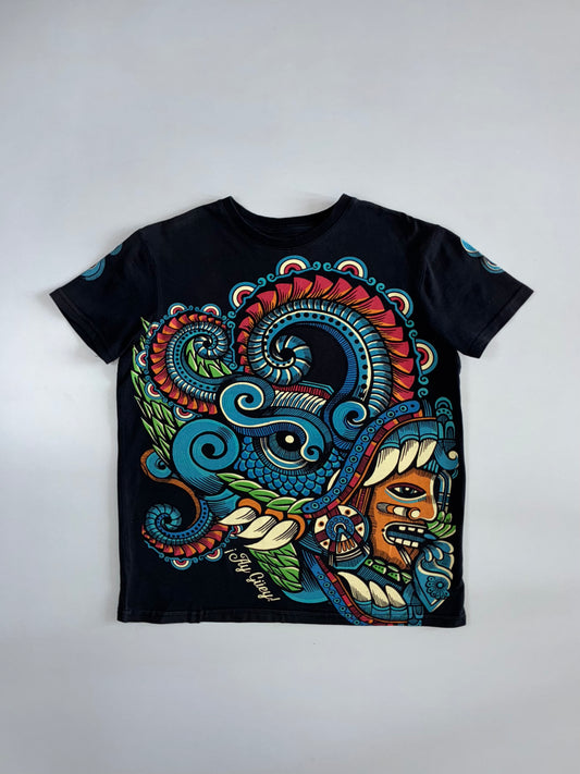 Ay Güey! Vintage Black Aztec Warrior Graphic T-Shirt (S)