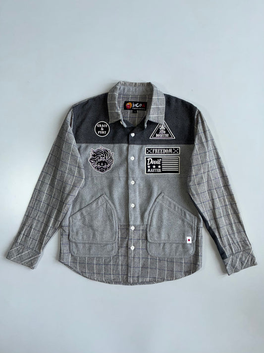 Jizo Bosatsu Grey Patchwork Overshirt Jacket | Japanese Streetwear Utility Shirt (S/M)