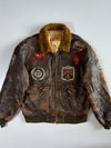 Vintage 90s Cotton Field Pure Leather A-2 Flight Bomber Jacket Military Patch Sherpa Collar, Distressed (XL)