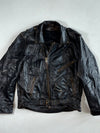 Vintage Black Leather Biker Jacket  Belted, Brass Zips, Classic Perfecto Style (XL)