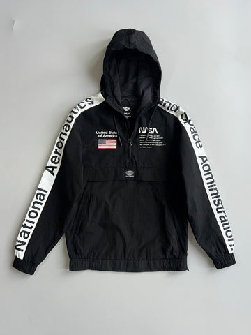NASA x Pull&Bear Black Hooded Anorak Windbreaker with “National Aeronautics and Space Administration” Sleeve Tape (XS/S)