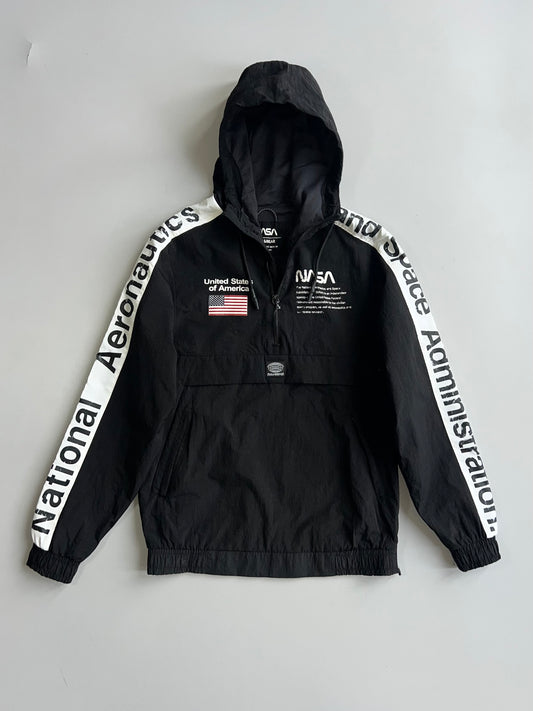 NASA x Pull&Bear Black Hooded Anorak Windbreaker with “National Aeronautics and Space Administration” Sleeve Tape (XS/S)