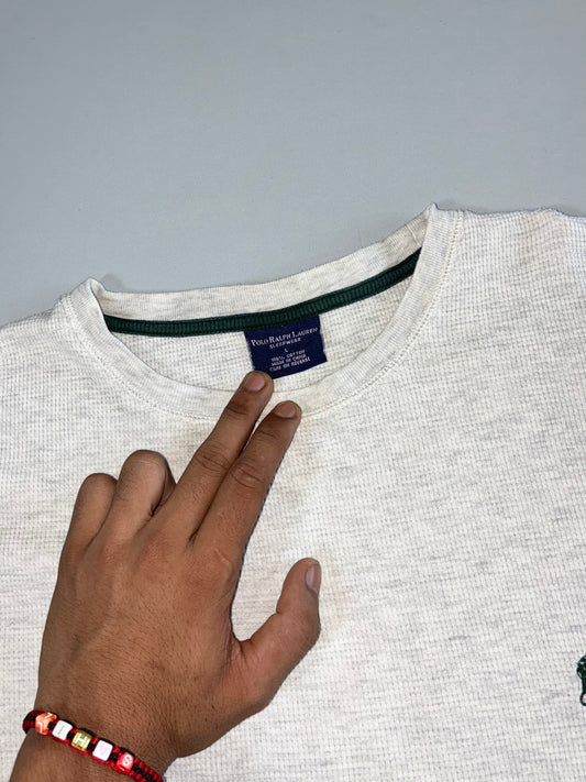 Polo Ralph Lauren Sleepwear Waffle Knit Thermal Tee White Green Tipped Crewneck (XL)