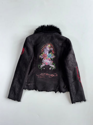 Ed Hardy by Christian Audigier Y2K Black Faux Shearling Biker Jacket Women’s (S)