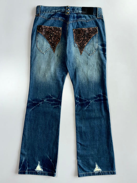 Big Train Osaka Blue Patchwork Distressed Flared Jeans (W:34 |L:43 )
