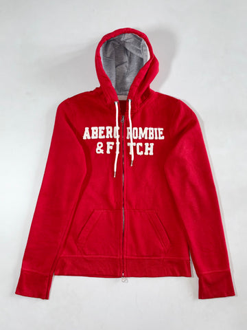 Vintage Abercrombie And Fitch Red Spellout Zip-Up Hoodie (XS)