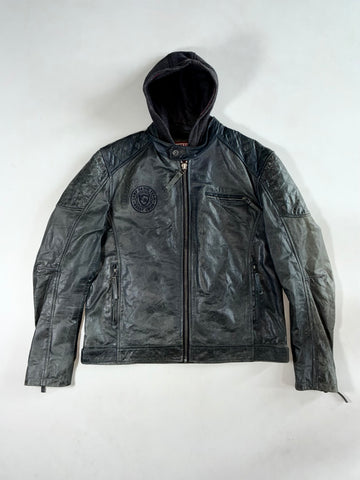 Camp David Black Leather Hooded Biker Jacket – Rugby Crest Embossing, Quilted Shoulders (XL)