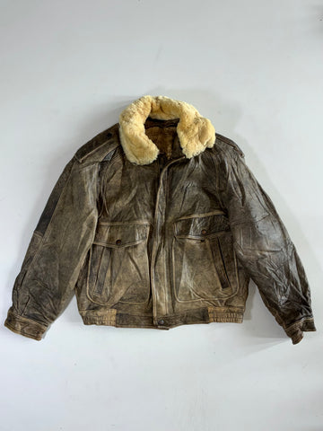 Distressed Brown Leather Shearling Aviator Flight Jacket (S/M)