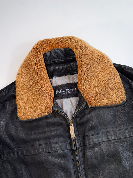 Vintage Yves Saint Laurent Pour Homme Black Leather Shearling Collar Jacket (L/XL)