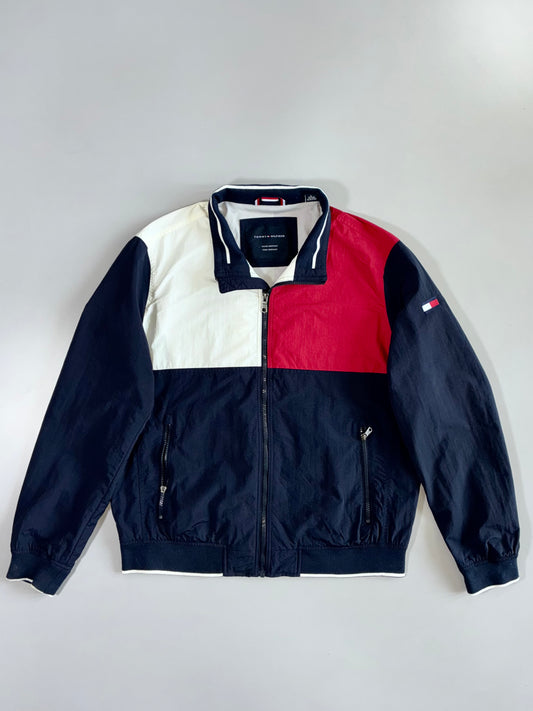 Tommy Hilfiger Water Wind Resistant Flag Patch Navy Red White Colorblock Mesh-Lined Full-Zip Windbreaker Jacket (L/Xl)