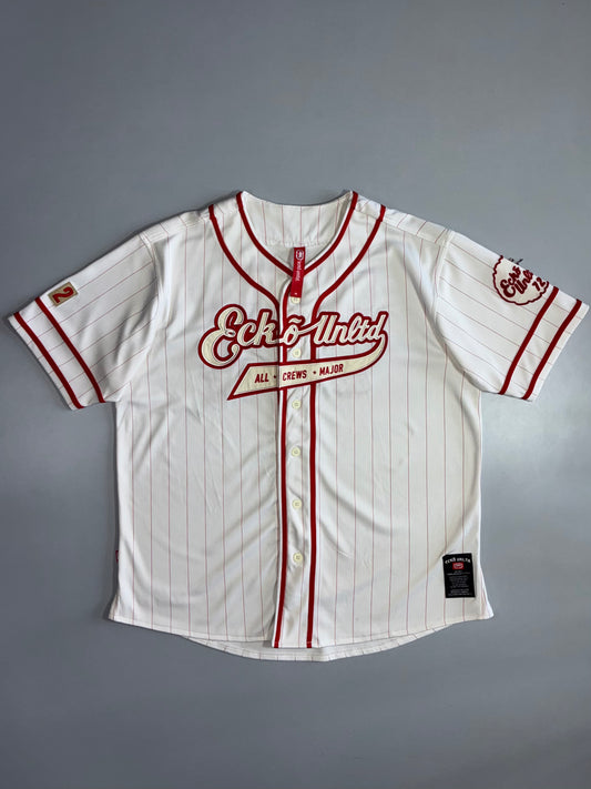 Ecko Unltd “All Crews Major” Pinstripe Baseball Jersey | Vintage Y2K Streetwear | White/Red (2XL)