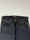 Y2K Japanese Brand Black Denim Jeans – Gold Print Pocket Art, Heian Era Graphics (W:32) (L:37)