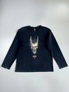 Oniarai Japanese Oni Demon Horned Devil Face Splatter Graphic Faded Black Cotton Long Sleeve T-Shirt (L)