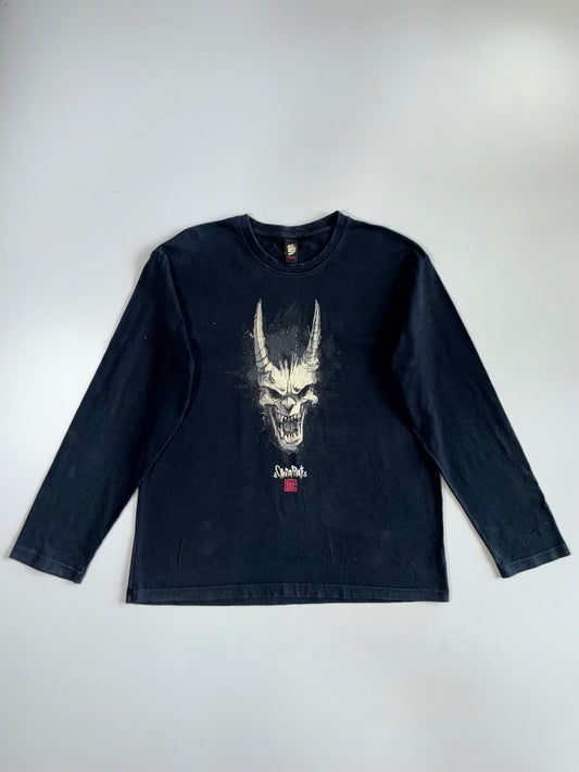 Oniarai Japanese Oni Demon Horned Devil Face Splatter Graphic Faded Black Cotton Long Sleeve T-Shirt (L)