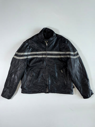Distressed Double-Stripe Black Leather Café Racer Jacket (XL/2XL)