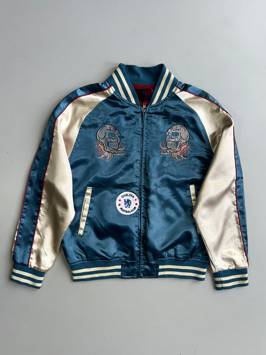 Sukajan Satin Bomber Jacket Skull Chrysanthemum Embroidery Chelsea FC Patch (M)