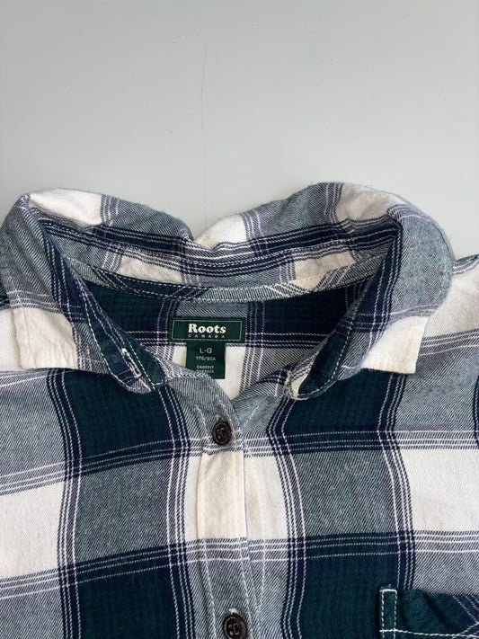 Roots Canada Flannel Plaid Button-Up Shirt  Navy/White (L)