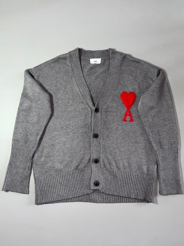 AMI Paris Grey V-Neck Cardigan – Red Ami de Coeur Logo (XL)