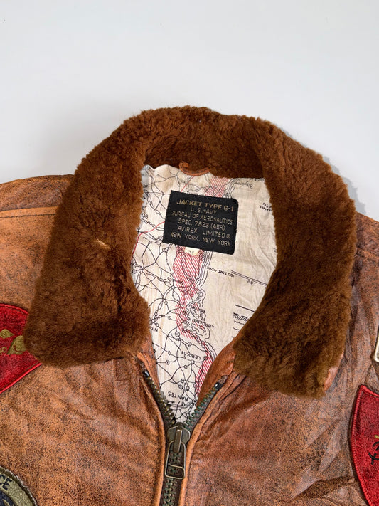 Avirex Type G-1 U.S. Navy Flight Jacket Multi-Patch Leather Bomber with Blood Chit & Shearling Collar (L/XL)