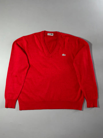 Vintage Chemise Lacoste V-Neck Sweater – Red, Made in Spain (XL)