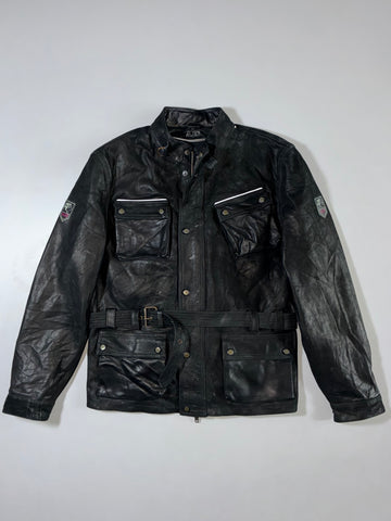 AJS Distressed Black Leather Belted Field Riding Jackets Jacket ( Xl/2XL)