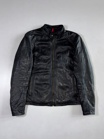 Strellson Black Leather Racer Jacket Swiss-Designed Moto Jacket with Red Zip Pull (M)