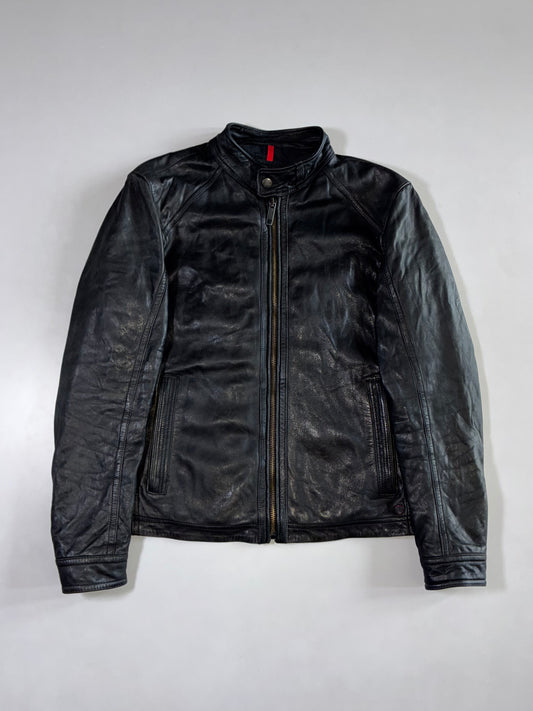 Strellson Black Leather Racer Jacket Swiss-Designed Moto Jacket with Red Zip Pull (M)