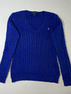Lauren Ralph Lauren Royal Blue Cable Knit V-Neck Cotton Sweater Women’s (S)