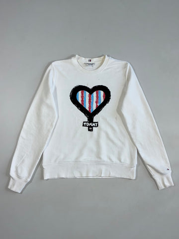 Tommy Hilfiger White Crewneck Sweatshirt – Scribble Heart Graphic (S)