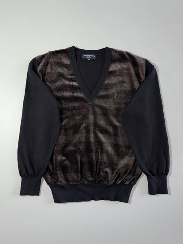 Vintage 90s YSL Tricots Velour Panel Check V-Neck Sweater – (L)