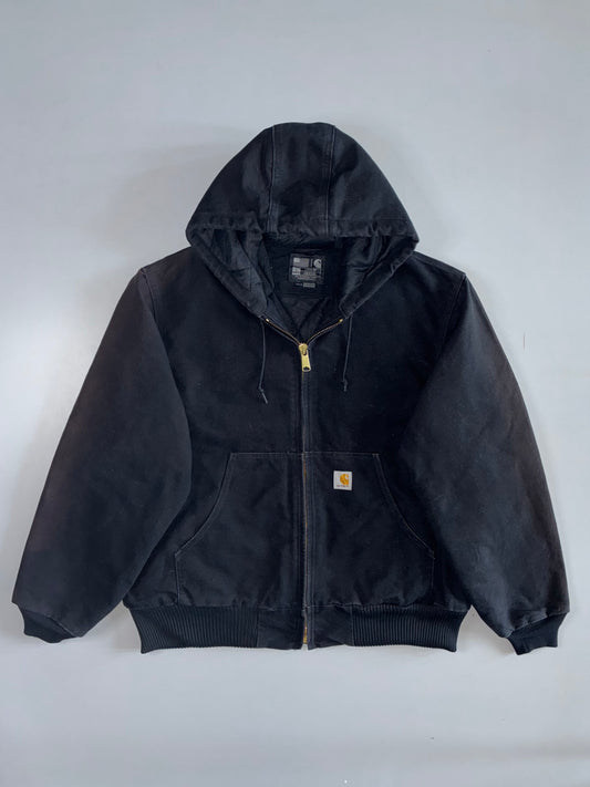 Carhartt Active Jacket DJO140-M | Black Washed Duck Canvas Quilted Lined Rare Hooded Work Coat (2XL)
