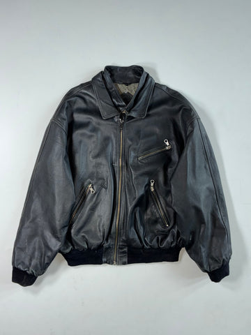 Vintage Sacha Black Leather Bomber Jacket with Gingham Quilted Lining (2XL/3XL)