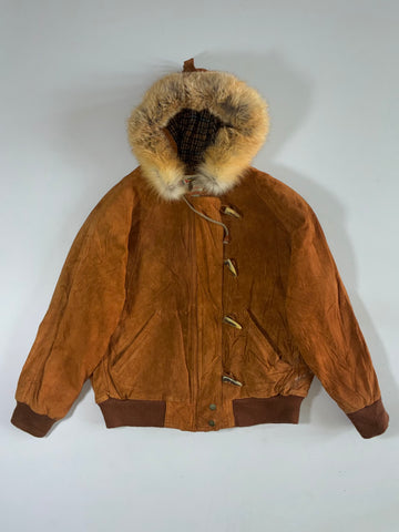 Vintage Basics Cognac Suede Fur Hood Toggle Bomber Jacket (XL)