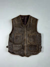 Vintage Distressed Leather Utility Vest – Dark Brown – 4 Pocket Zip Up (S)