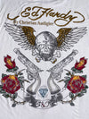 Ed Hardy by Christian Audigier White Tee  Gold Script Logo, Winged Skull Front & Crossed Pistols Roses Back Graphic (M)