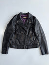Arrival Black Leather Biker Jacket | Purple Lining Moto Style Womens (XS)