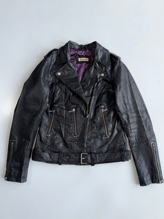 Arrival Black Leather Biker Jacket | Purple Lining Moto Style Womens (XS)