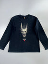 Oniarai Japanese Oni Demon Horned Devil Face Splatter Graphic Faded Black Cotton Long Sleeve T-Shirt (L)
