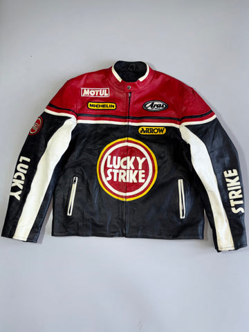 Vintage Lucky Strike Racing Heavy Pure Leather  Jacket with Motul, Michelin, Arai & Arrow Sponsor Patches (XL)