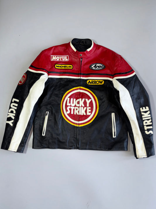 Vintage Lucky Strike Racing Heavy Pure Leather  Jacket with Motul, Michelin, Arai & Arrow Sponsor Patches (XL)