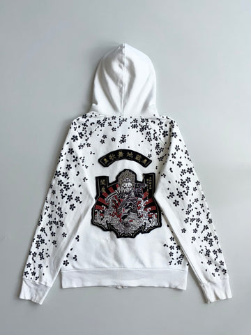 Grace & Fury Japanese Samurai Sakura Print Zip Hoodie – White – (S)