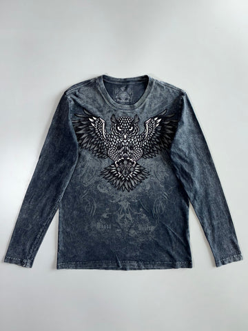 Prepotente Acid Wash Owl Embroidered Long Sleeve Tee (L)