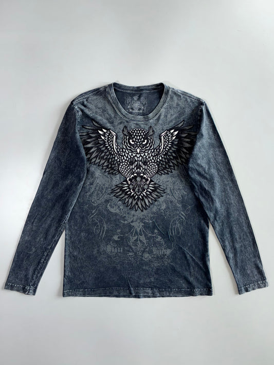 Prepotente Acid Wash Owl Embroidered Long Sleeve Tee (L)
