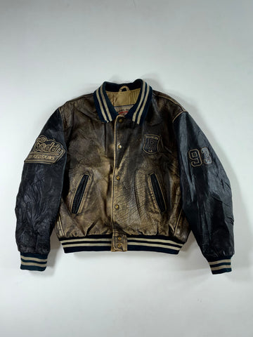 Vintage 90s Redskins “Teddy” Distressed Two-Tone Leather Varsity Bomber Jacket (XL)